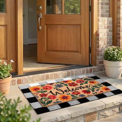 2-Piece Layered Welcome Mat Set - Coir Doormat & Buffalo Plaid Rug - color: Spring Flower 2