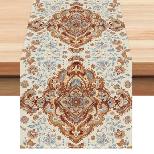 Bonhause Boho Orange Table Runner 13x72 Inch Vintage Bohemian Ethnic Carpet Pattern Rustic Farmhouse Kitchen Dining Table Decoration for Indoor Outdoor Home Party Decor - size: 13"W x 72"L