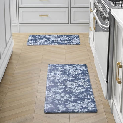 Laura Ashley - Anti-Fatigue Kitchen Mat, Iris Floral Design, Stain, Water & Fade Resistant, Cooking & Standing Relief, Non-Slip Backing, 2 Piece Set, Navy Iris - color: Navy, size: 48"L x 17.5"W / 28"L x 17.5"W