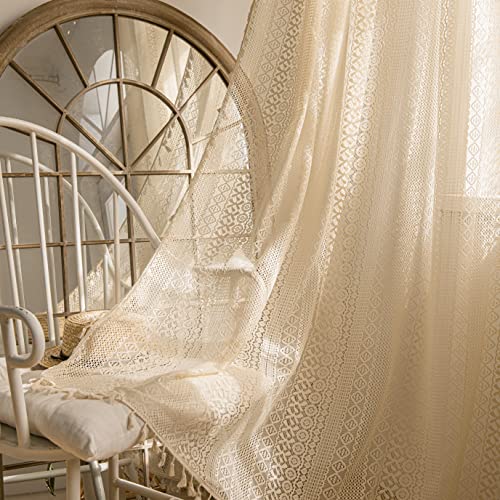 Sutuo Home 2 Panels Boho Curtains 96 Inches Length for Bedroom, Window Treatments Bohemian Sheer Crochet Lace Vintage Drapes Pair, Beige Geometry Knitted with Handmade Tassels Rod Pocket, 52" x 96" - color: Beige Geometry, size: 52"W x 96"L (Pack of 2)