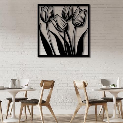 Metal Wall Decor | 17'' x 17'' x 0.05'' Tulips Art Themed Wall Decorations | Handmade Indoor and Outdoor Wall Art (17'' x 17'', Tulips, Black) - size: 17'' x 17'', style: Tulips