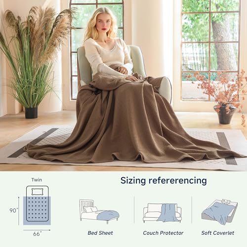 Simple&Opulence 100% Cotton Waffle Blanket, Twin Size 66"x90", Light Brown - color: Light Brown, size: Twin(66"x90")