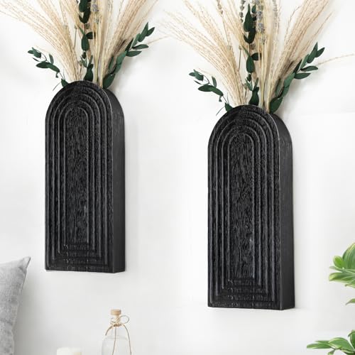 Handmade Wooden Wall Vases Set of 2 for Plants - color: Black