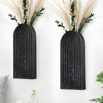 Handmade Wooden Wall Vases Set of 2 for Plants - color: Black