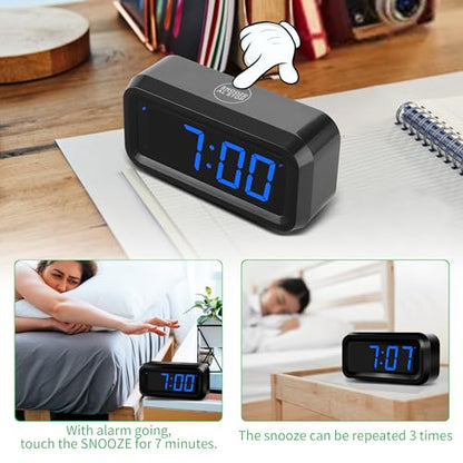 KWANWA Small Digital Alarm Clock, 1.2inch Dark Blue LED Digits, Adjustable Brightness, Dim Night Model, 12H/24H, Battery Operated, Wall Mount, Snooze, Clock for Kids Bedroom, Small Travel Clock - color: Black Case-dark Blue Led