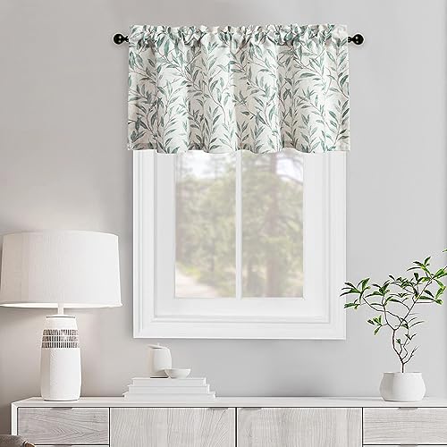 VOGOL Kitchen Valances, Blue Leaves Print View Reducing Linen Textured Curtains for Cafe Office Bathroom, Rod Pocket Top, L 18 x W 42 Inches, 1 Panel - color: Blue, size: 42"W x 18"L (Pack of 1)