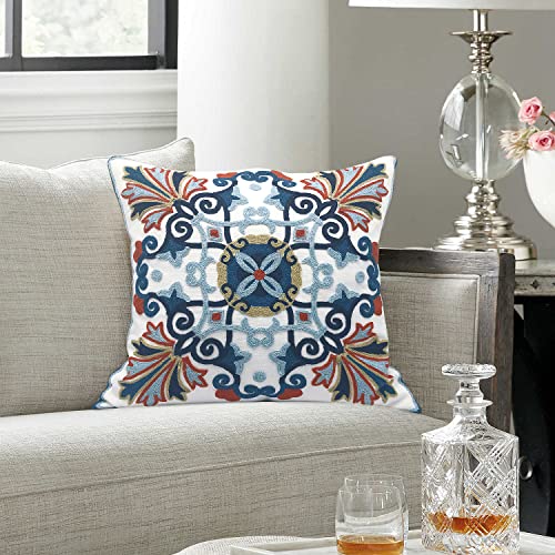 Alysheer Embroidered Decorative Throw Pillow Cover 18 x 18 inch, Boho Vintage Farmhouse Cottage Floral Embroidery Knit Pattern, 100% Cotton Cushion Case for Sofa Couch Living Room (Navy Blue) - color: Floral- Navy Orange, size: 18" x 18" (Pack of 1)
