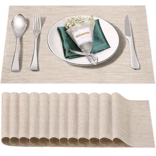 Beige White Vinyl Placemats Set of 12,Washable PVC Table Mats | Heat resistant, stain resistant non slip vinyl place mats, washable beige white table placemats for dining table - color: Beige-a, size: 12PCS 12"Wx18"L