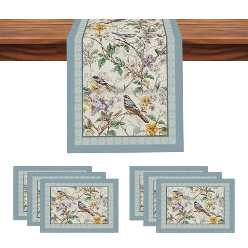 Floral Bird Table Runner and Placemats Set of 6, 13 x 72 Inch - color: Bird