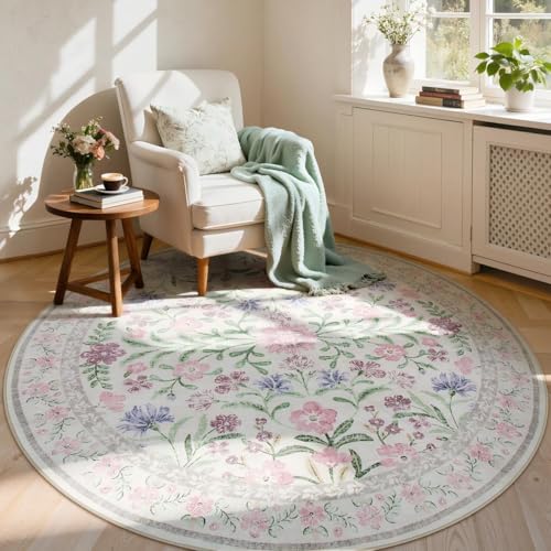 Lahome Purple 6ft Round Dorm Rug, Floral Circle Rug for Girls Bedroom - color: Pale Lilac, size: 6' (Round)