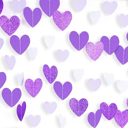 Purple Birthday Decorations for Women - Purple Streamers Heart Garland Banner, Lavender Valentines Galentines Mothers Day Graduation Baby Bridal Shower Wedding Engagement Bachelorette Decor Garsellen - color: Glitter Purple White