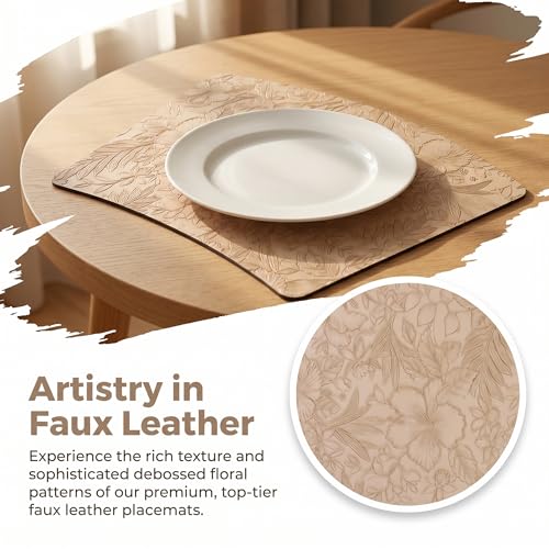 Faux Leather Set of 6, Placemats with Carving Floral Design - color: Apricot