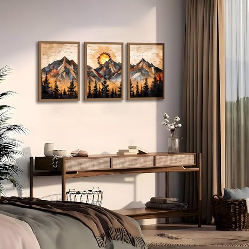 Geometric Mountain Wall Art Set of 3, Abstract Sunset Canvas Prints - color: GeometricMountain, size: 16x24 Inches
