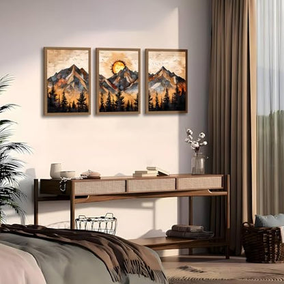 Geometric Mountain Wall Art Set of 3, Abstract Sunset Canvas Prints - color: GeometricMountain, size: 16x24 Inches
