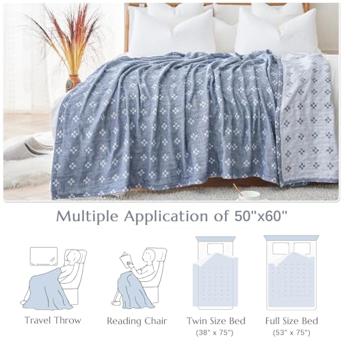 jinchan 100% Cotton Muslin Blanket Twin Boho Throw Blanket 50x60 Denim Blue - color: B. Cross Blue, size: 50"x60"