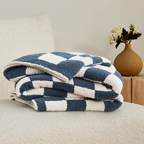 CozeCube Dusty Blue White Reversible Checkered Knit Throw Blanket 50"x60" - color: Dusty Blue and White, size: 50"x60"