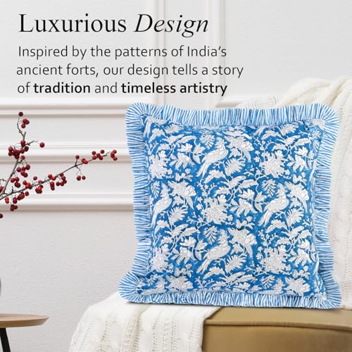 CPC Blue Sapphire Block Print Ruffle Pillow Cover 18x18 Inch, Pack of 2 - color: Blue Sapphire, size: 18" x 18" (Pack of 2)