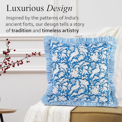 CPC Blue Sapphire Block Print Ruffle Pillow Cover 18x18 Inch, Pack of 2 - color: Blue Sapphire, size: 18" x 18" (Pack of 2)