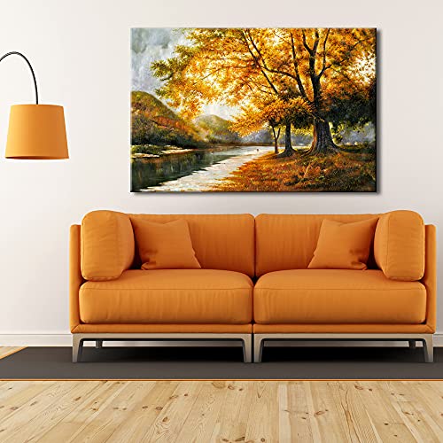 Wieco Art Giclee Canvas Prints Wall Art by Oil Paintings Reproduction Large Contemporary Autumn Trees Pictures for Living Room Bedroom Home Decorations Modern Wrapped Landscape Forest Artwork