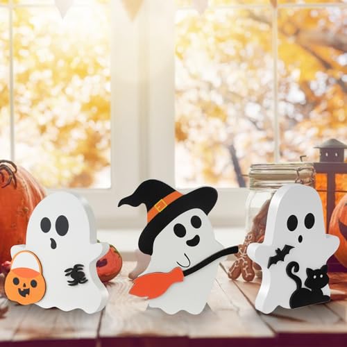 3 Pcs Halloween Decorations Indoor, Cute Ghost Halloween Tabletop Decor, Wooden Tiered Tray Decor, Black Cat, Bat, Witch Broom Signs for Party Home Shelf Display