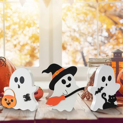 3 Pcs Halloween Decorations Indoor, Cute Ghost Halloween Tabletop Decor, Wooden Tiered Tray Decor, Black Cat, Bat, Witch Broom Signs for Party Home Shelf Display