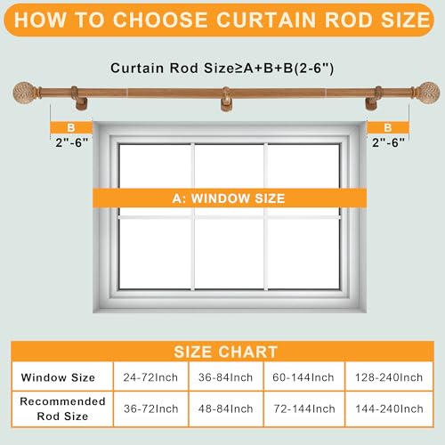 1-1/8 Inch Diameter Wood Curtain Rods for Windows 72 to 144 inch - Adjustable Seamless Aluminum Bracket - Heavy-Duty Boho Curtain Rods with Seaweed Finial - Brown Wood Grain - color: Light Wood Grain, size: 72-144"