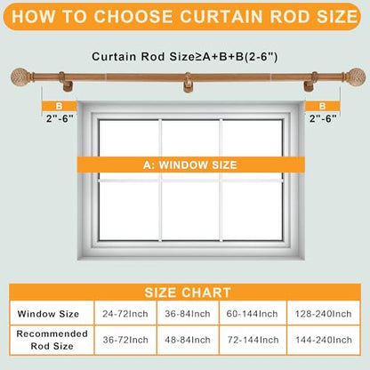 1-1/8 Inch Diameter Wood Curtain Rods for Windows 72 to 144 inch - Adjustable Seamless Aluminum Bracket - Heavy-Duty Boho Curtain Rods with Seaweed Finial - Brown Wood Grain - color: Light Wood Grain, size: 72-144"