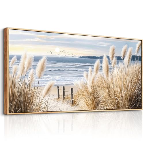Canvas Printing Wall Art Large Wall Decor for Living Room Restaurant Seaside Reed Papyrus Landscape Painting Wall Pictures Office Mural Farmhouse Home Decor Aesthetics 20x40 in Wood Framed - color: Yellow Reed Beach Seaside Painting, size: 40"L x 20"W