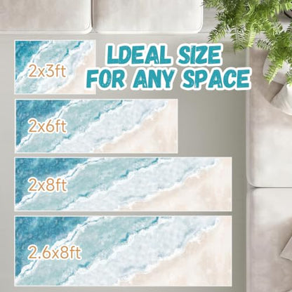 Beach Pattern 2x6ft Runner Rug Non Slip Washable Kitchen Runner Rug with Rubber Backing，Low-Pile Soft Washable Runner Rugs for Hallway Entryway Kitchen Bedroom Living Room Bathroom - color: Light Blue Beach, size: 2' x 6' (Rug)