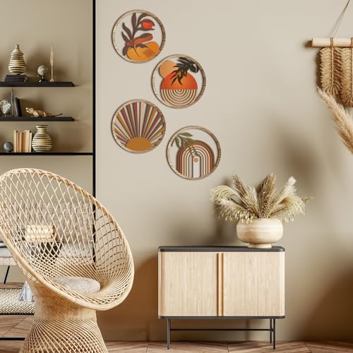 Qunclay 4 Pcs Boho Wall Art Bohemian Wood Round Circle Wall Decor Stylish - style: Stylish