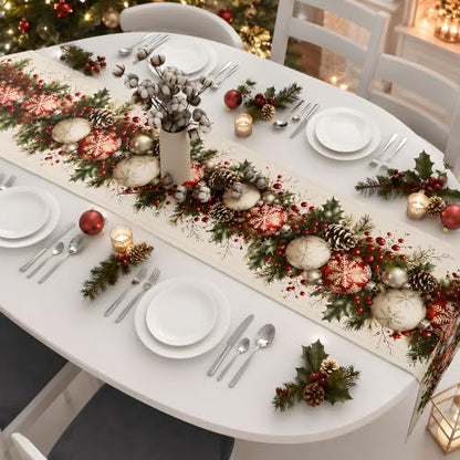 Christmas Decorations - Xmas Balls Snowflake Pine Cone Table Runner - color: Christmas Balls Snowflake