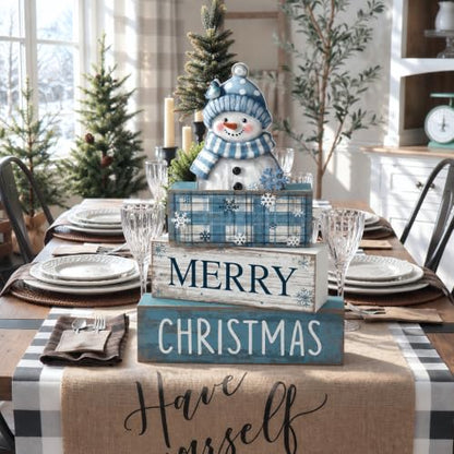 Lineshading 4 Pcs Christmas Table Decor, Blue Snowman Wooden Block Signs - style: Blue Snowman