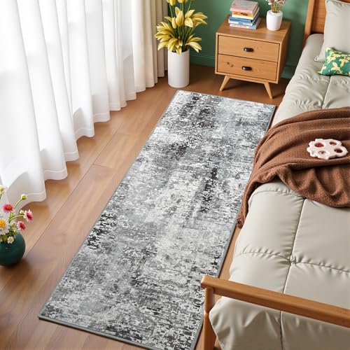 Dark Grey Washable Runner Rug for Bedroom, Abstract Non-Slip Soft Entryway Rugs, Modern Low Pile Stain Resistant 2x6 Carpet for Entryway, Kitchen, Hallway, Bedside - color: Dark Grey, size: 2' x 6' (Rectangular)