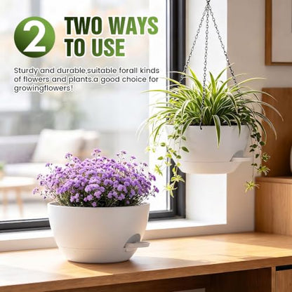 13 Inch Large Self Watering Hanging Planters 2 Pack with Saucers - color: White, size: 13 Inch 2 Pack
