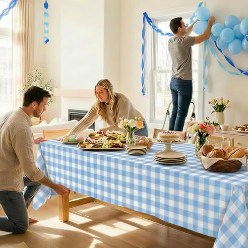 Blue Gingham Tablecloth, 54 x 108 Inch Blue and White Checkered Table Cloth 2 Pack, Disposable Birthday Party Decorations Table Cover, Rectangle Plastic Tablecloth Party Supplies - color: Blue Gingham