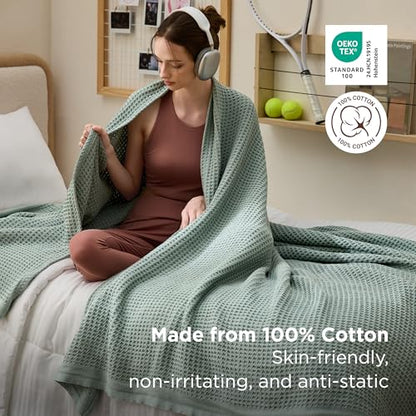 Bedsure 100% Cotton Twin XL Blanket, Waffle Weave, Green, 66"x90" - color: 04 Green, size: Twin XL (66" X 90")