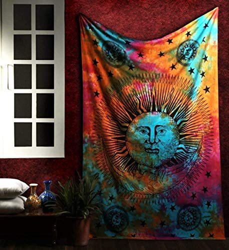 Marubhumi Psychedelic Sun Moon Stars Tie Dye Mandala Tapestry Hippie Hippy Celestial Wall Hanging Indian Trippy Bohemian Tapestries (Multicolor, 54 X 60 Inch) - size: 60"L x 54"W