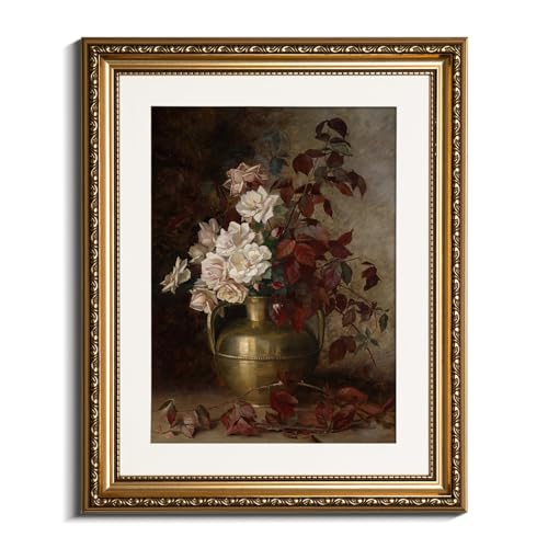 VIYYIEA Gold Framed Floral Wall Art Decor, Living Room Bedroom Rose Bouquet Pictures Retro Wall Decor, Antique Picture Frame Canvas Prints Artwork, Vintage Flower Paintings,13x16 Inch - color: Rose Bouquet, size: 16"L x 13"W