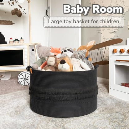 CherryNow 90L Large Woven Rope Blanket Basket with Tassel, 22" x 14", Black - color: Black, size: 83L (22"W x 14"H)