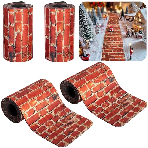 4 Pcs Christmas Village Red Brick Road, Christmas Villages Accessories - color: 47.2"x 4.7"-red