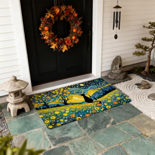 Funny Black Cat Front Door Mat Outside Entrance - Welcome Mats Cute for Patio, Starry Night Decorative Door Mats for Indoor Outdoor Porch Inside Entryway, Housewarming Gifts Idea for Cat Lovers - color: Doormat015