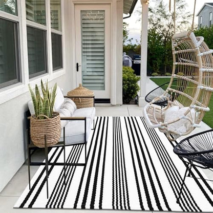 LEEVAN 5'X8' Black and White Striped Woven Cotton Reversible Outdoor Rug - color: 1white Strip, size: 5 x 8 Feet
