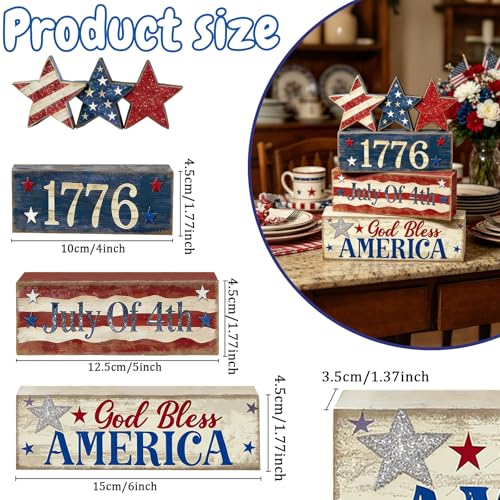 4th of July Table Decorations Patriotic Memorial Day Tiered Tray Decor Wooden Star Block Signs Independence Farmhouse 250th July Fouth Centerpiece for Tables Wooden Sign for Home Decor - style: July Fouth Star