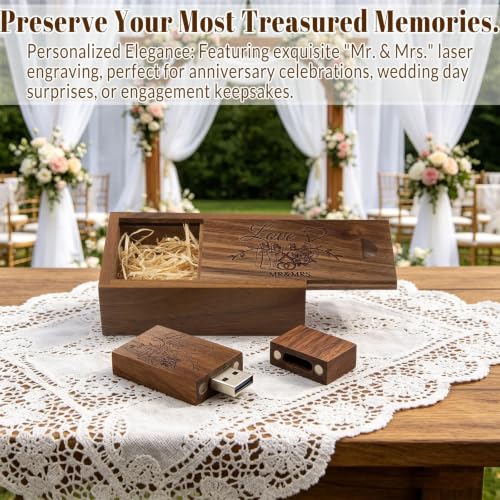Wood USB Flash Drive 32GB USB3.0 Wedding Flash Drive with Tiny Box - color: Walnut(WED Block USB+box-S), size: 32GB-3.0