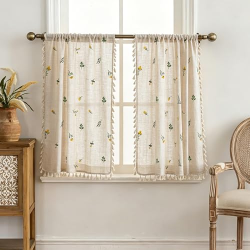Farmhouse Floral Linen Kitchen Curtain with Tassels 36 Inch Length, Boho Vintage Embroidery Flowers Country Botanical Cafe Curtain, Cute Cottagecore Aesthetic Small Short Panels for Bathroom Kitchen - size: 24"W x 36"L (Pack of 2)