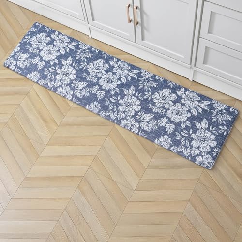 Laura Ashley - Anti-Fatigue Kitchen Mat, Iris Floral Design, Stain, Water & Fade Resistant, Cooking & Standing Relief, Non-Slip Backing, Measures 17.5" x 60", Navy Iris - color: Navy, size: 60"L x 17.5"W x 0.47"Th