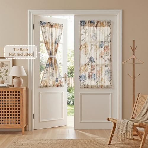 MYSKY HOME Floral Linen French Door Curtains 40 inch Long Set of 2 for Front Door - Light Filtering Privacy Semi Sheer Window Curtains with Rod Pocket, Yellow, 24" W Each Panel - color: A-yellow, size: 24"W x 40"L (Pack of 2)