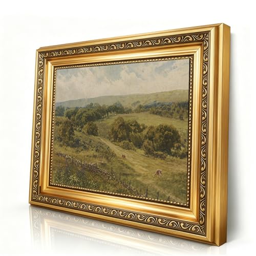 Vintage wall art framed paintings, rolling hills landscape canvas print, golden frame nature artwork, countryside cottage style painting, fields of green grass rural landscape painting - color: Hills, size: 16"L x 12"W