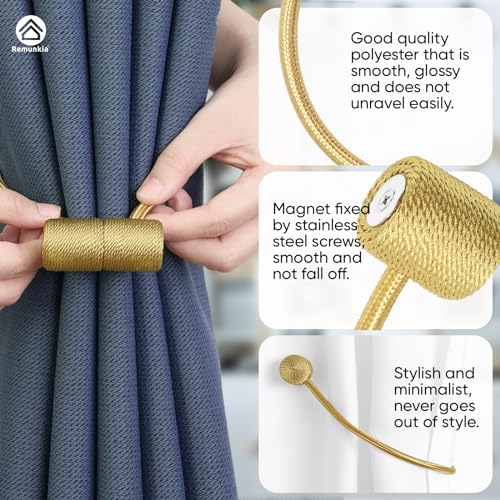 Remunkia Magnetic Curtain Tiebacks 6 Pack, Curtain Tie Backs Curtain Holders, Window Treatment Holdbacks with Strong Magnet, Gold - color: Gold, size: 6 Pack