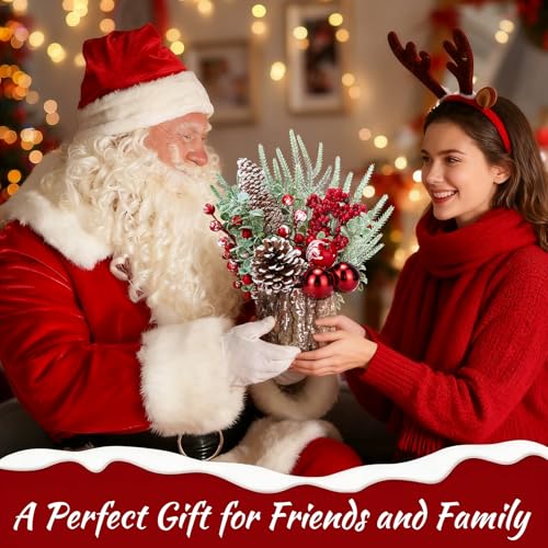 Christmas Decorations Indoor, Christmas Centerpiece Table Decorations, Small Artificial Tabletop/Desk Christmas Tree with Xmas Ornaments Pinecone Berry for Home Farmhouse Mantle Décor (Red)